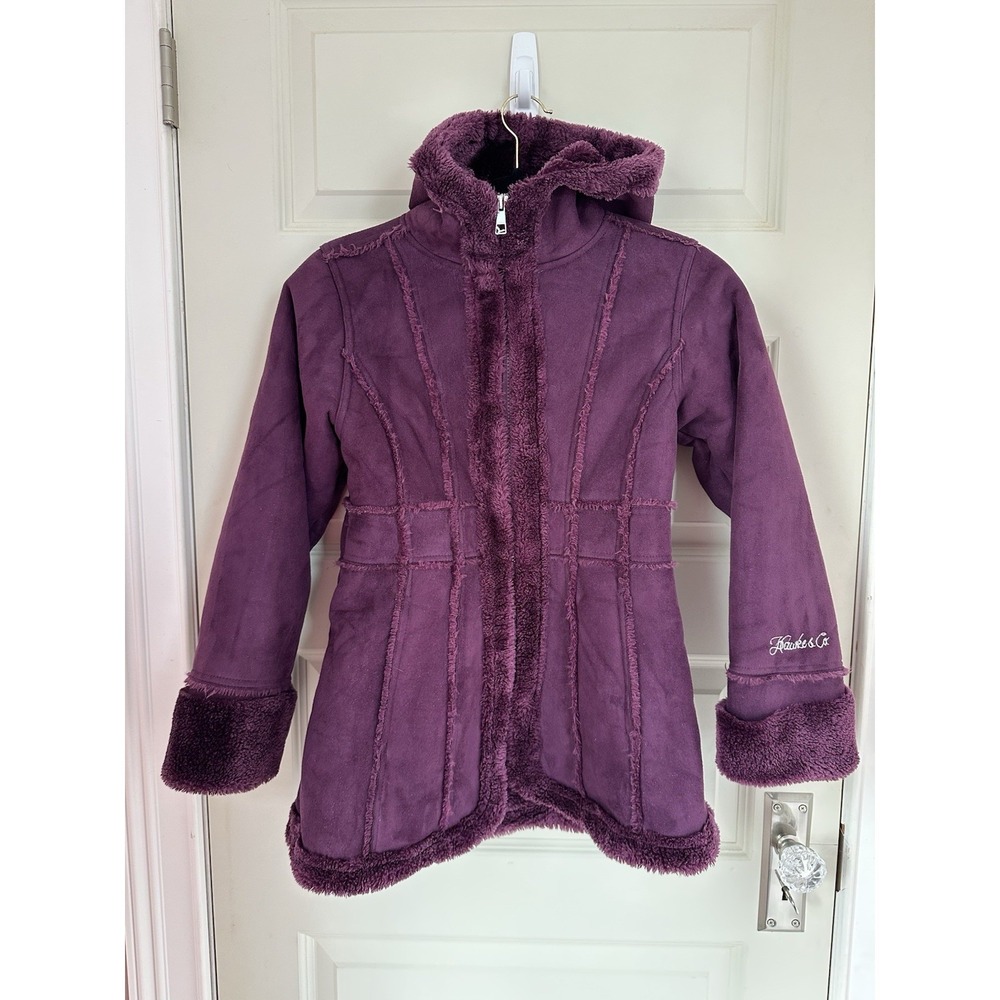 Hawke & Co Outfitter Girls Faux Suede Purple Hooded Coat Jacket Size 10/12